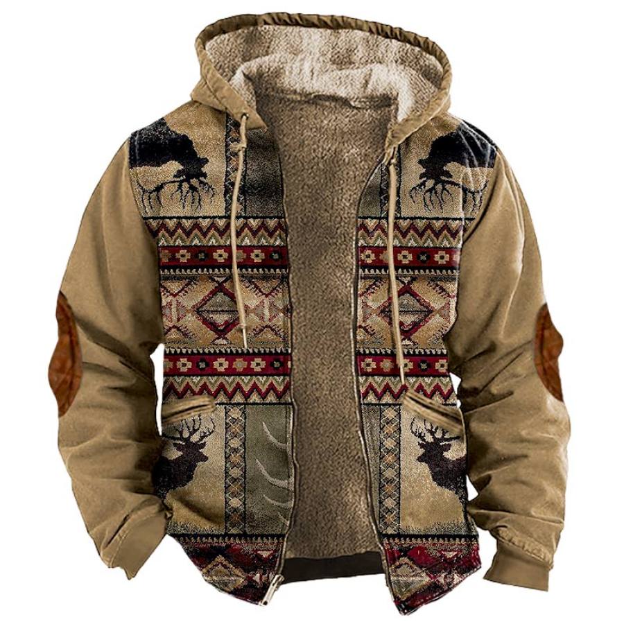 

Jaqueta Masculina Com Capuz Vintage Com Estampa étnica Ocidental De Lã Com Capuz E Zíper Cáqui