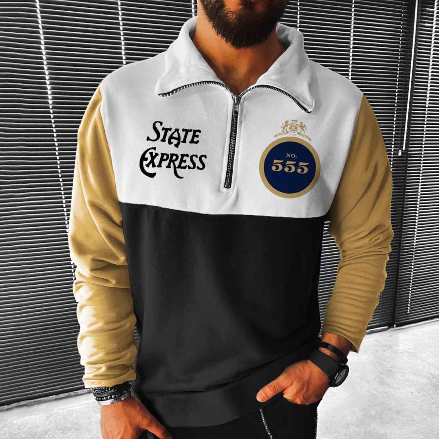 

Lässiges Vintage State Express Colorblock-Sweatshirt Mit Viertelreißverschluss Für Herren