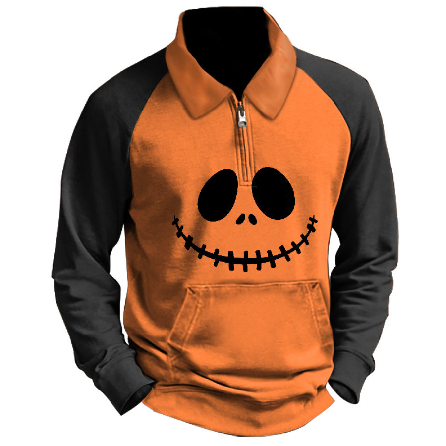 

Felpa Da Uomo Con Zip A Un Quarto Vintage Halloween Pumpkin Face Colorblock Daily Tops