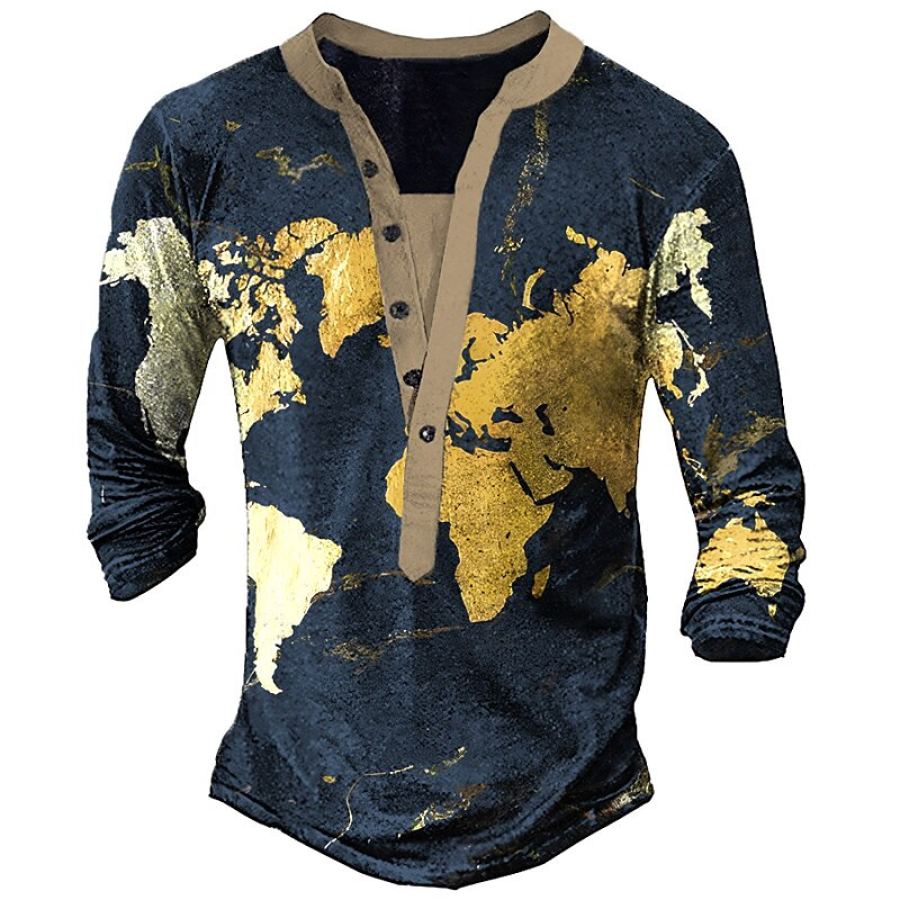 

Men's T-Shirt Henley Long Sleeve Vintage World Map Daily Tops