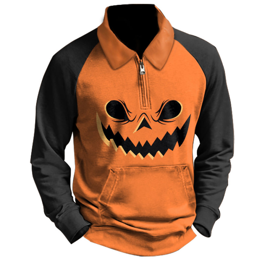 

Men's Sweatshirt Quarter Zip Vintage Halloween Pumpkin Face Colorblock Daily Tops