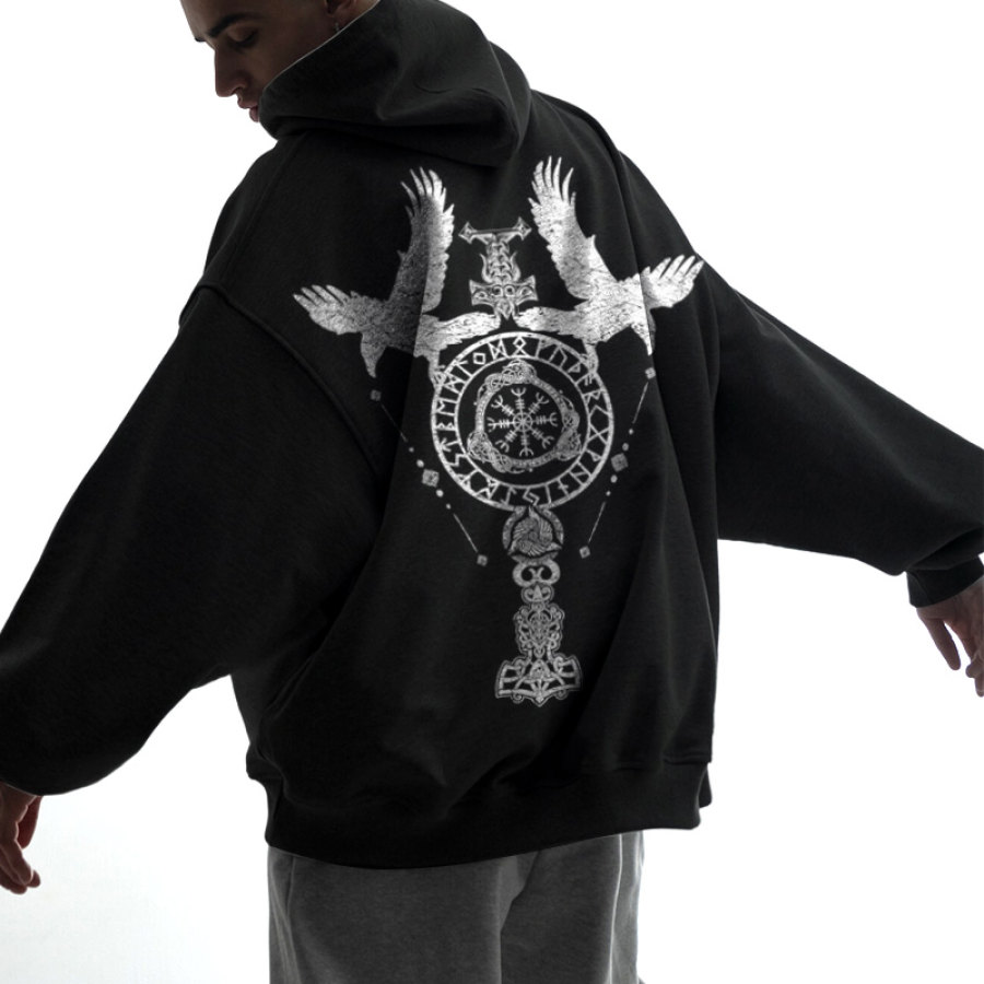 

Sudadera Con Capucha De Gran Tamaño Para Hombre Valkyrie Vintage Spell Raven Totem Graphic Print Comfort Sudadera Con Capucha Negro