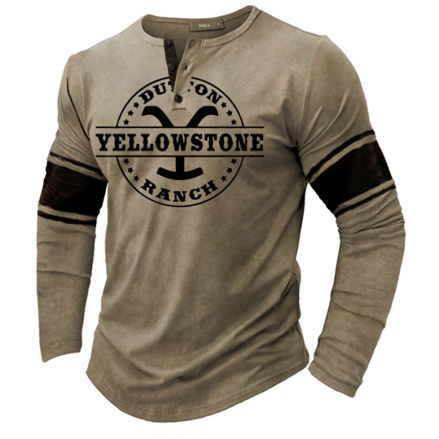 

Camiseta Masculina Yellowstone Com Estampa Gráfica Henley Gola Color Block Manga Longa Cáqui