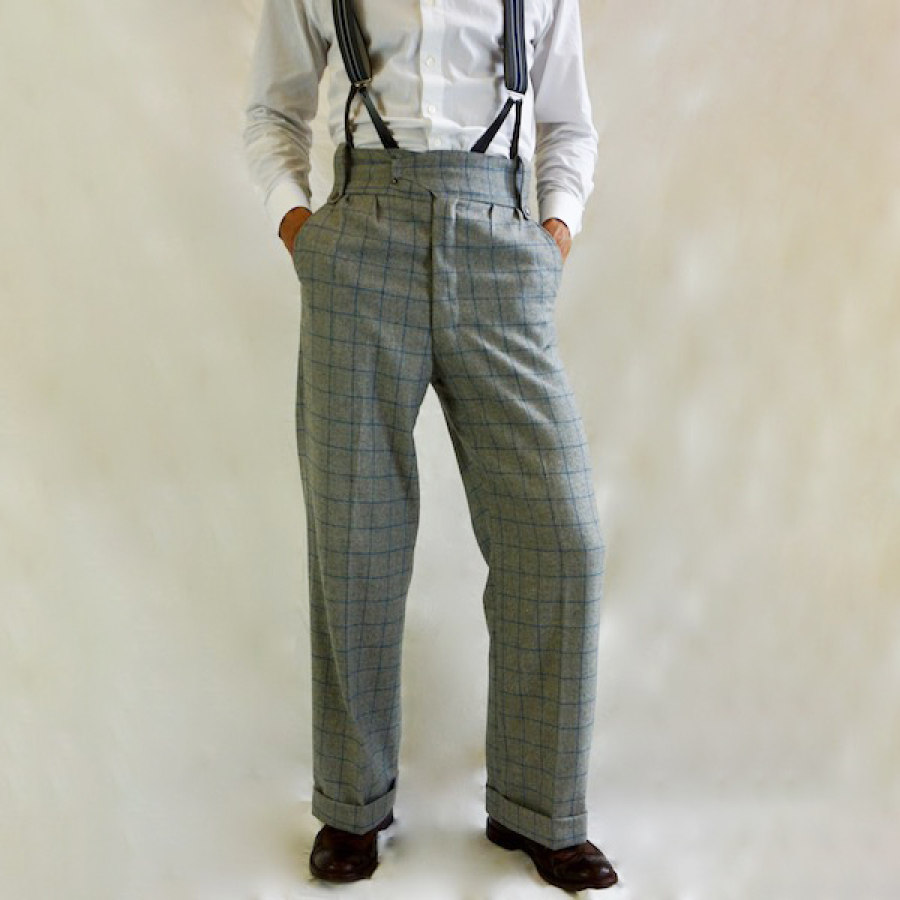 

Men's Suspenders 1920s 12oz Check Farmer Work High Waist Trousers Pants Gray