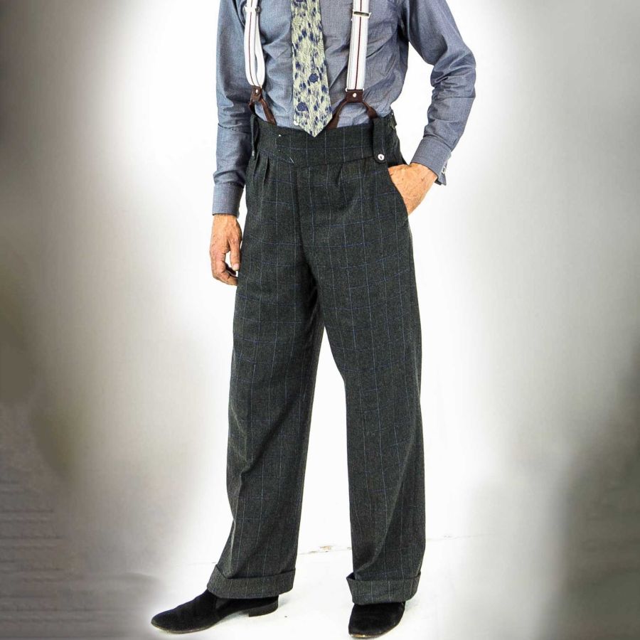 

Men's Suspenders 1920s 12oz Vintage Check Farmer Work High Waist Trousers Pants Dark Gray