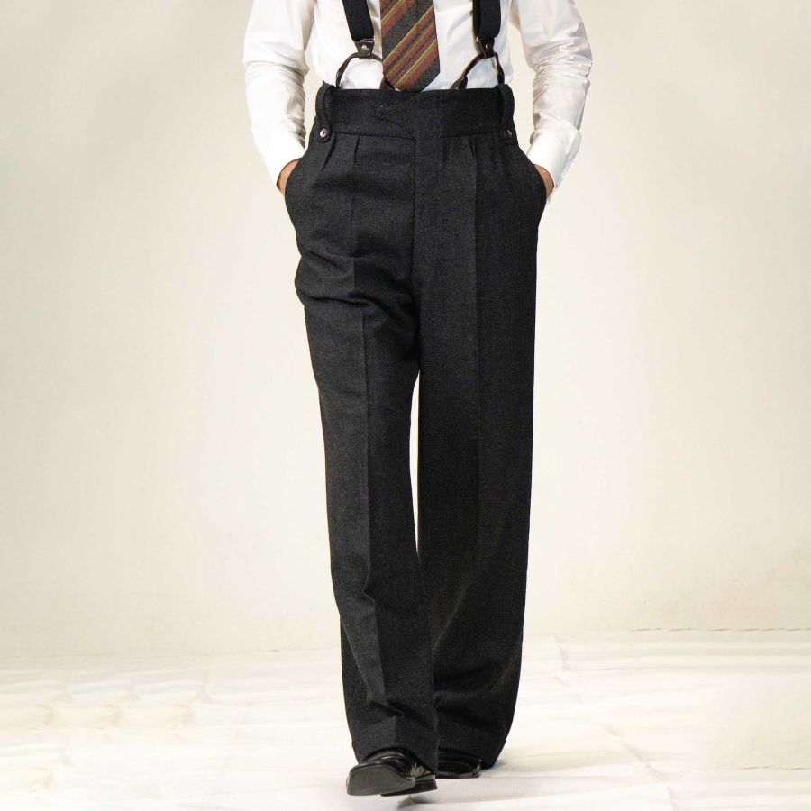 

Men's Suspenders 1920s 12oz Vintage Herringbone Farmer Work High Waist Trousers Pants Black