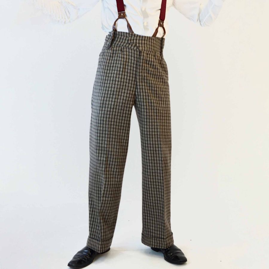 

Men's Suspenders 1920s 12oz Check Farmer Work High Waist Trousers Pants Gray