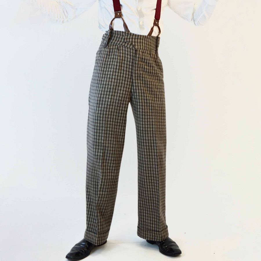 

Tirantes Para Hombre 1920s 12oz Check Farmer Work Pantalones De Cintura Alta Pantalones Gris