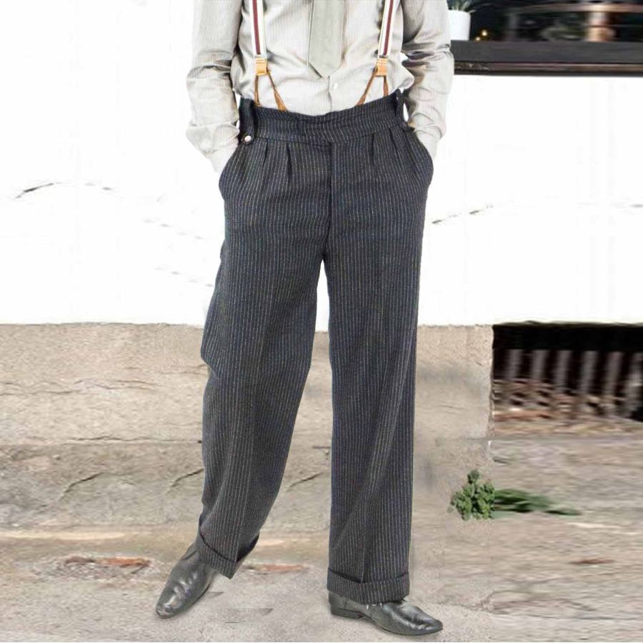 

Men's Overalls Suspenders 1920s 12oz Striped Farmer Work High Waist Trousers Pants Dark Gray