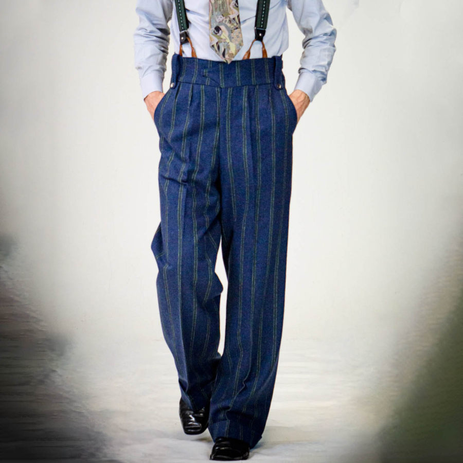 

Men's Suspenders 1920s 12oz Vintage Stripe Farmer Work High Waist Trousers Pants Blue