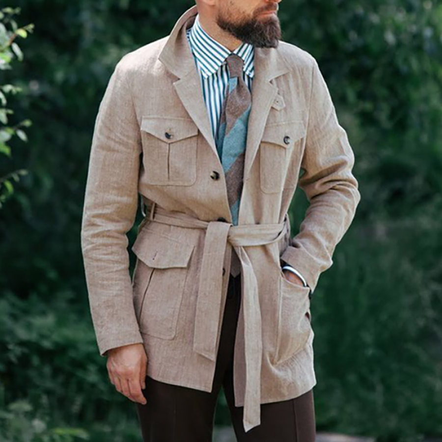 

Blazer Masculino De Linho Com Vários Bolsos Jaqueta Casual