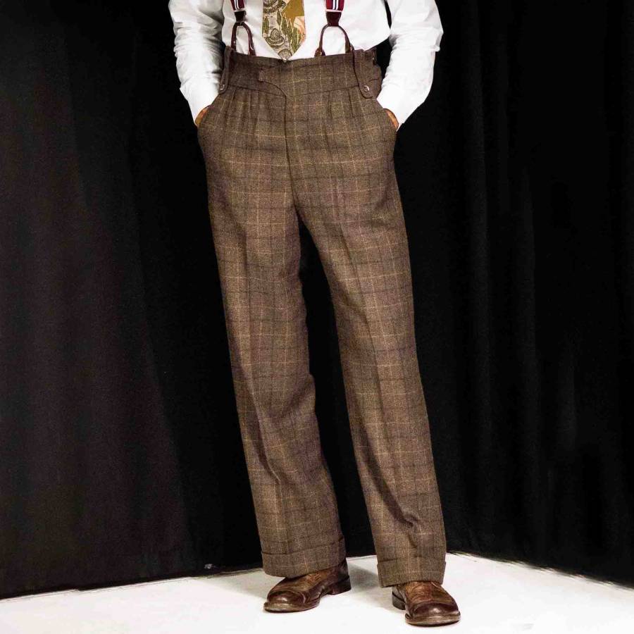 

Men's Suspenders 1920s 12oz Vintage Check Farmer Work High Waist Trousers Pants Brown