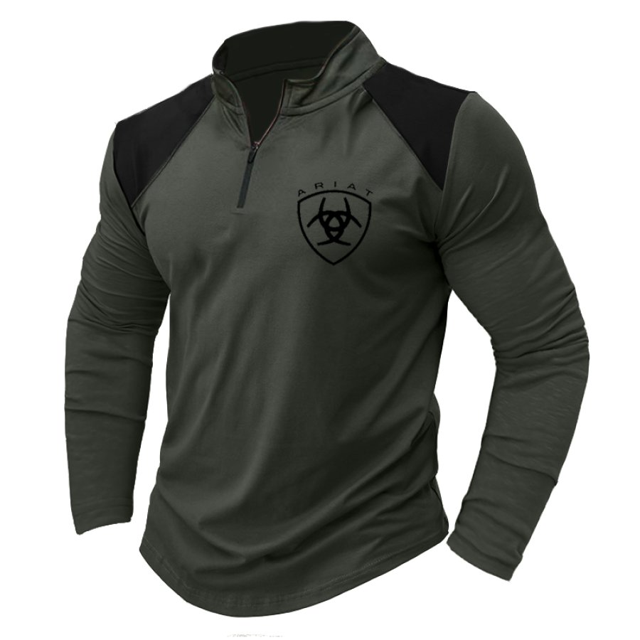 

Men's Tactical Comfortable Colorblock Zipper Collar Long Sleeve T-Shirt Army Green