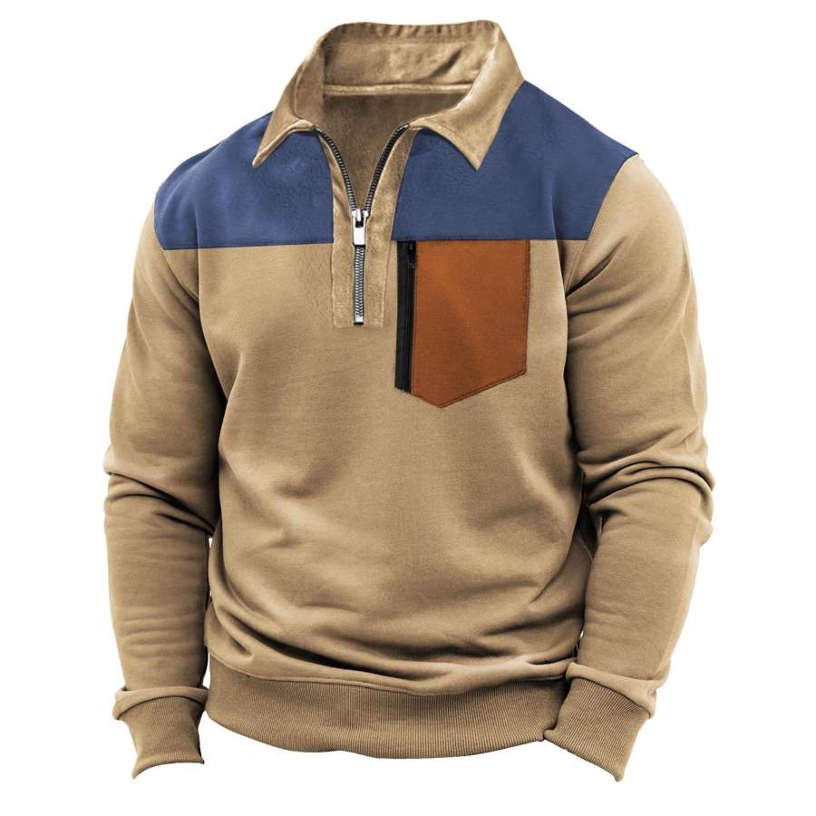 

Moletom Masculino 1/4 Com Zíper Lapela Bolso Vintage Tático Colorblock Tops Diários Caqui