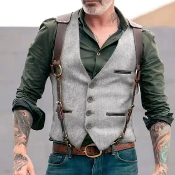 Men's Vest Waistcoat Outdoor Cowboy Vintage Casual Polyester Solid Colored Single Breasted One-button V Neck Slim Jackt - Fineyoyo.com 