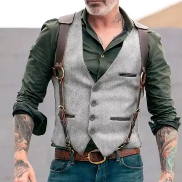 Men's Vest Waistcoat Outdoor Cowboy Vintage Casual Polyester Solid Colored Single Breasted One-button V Neck Slim Jackt - Menilyshop.com 