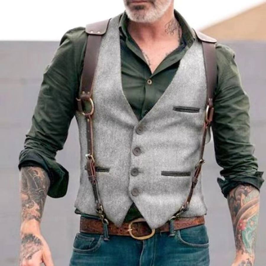 

Gilet Da Uomo Gilet Da Esterno Cowboy Vintage Casual Poliestere Tinta Unita Monopetto Giacca Sottile Con Scollo A V A Un Bottone