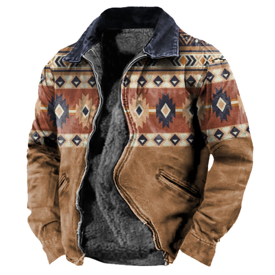 

Men's Zipper Vintage Ethnic Print Fleece Pocket Color Block Lapel Full Zip Work Jacket