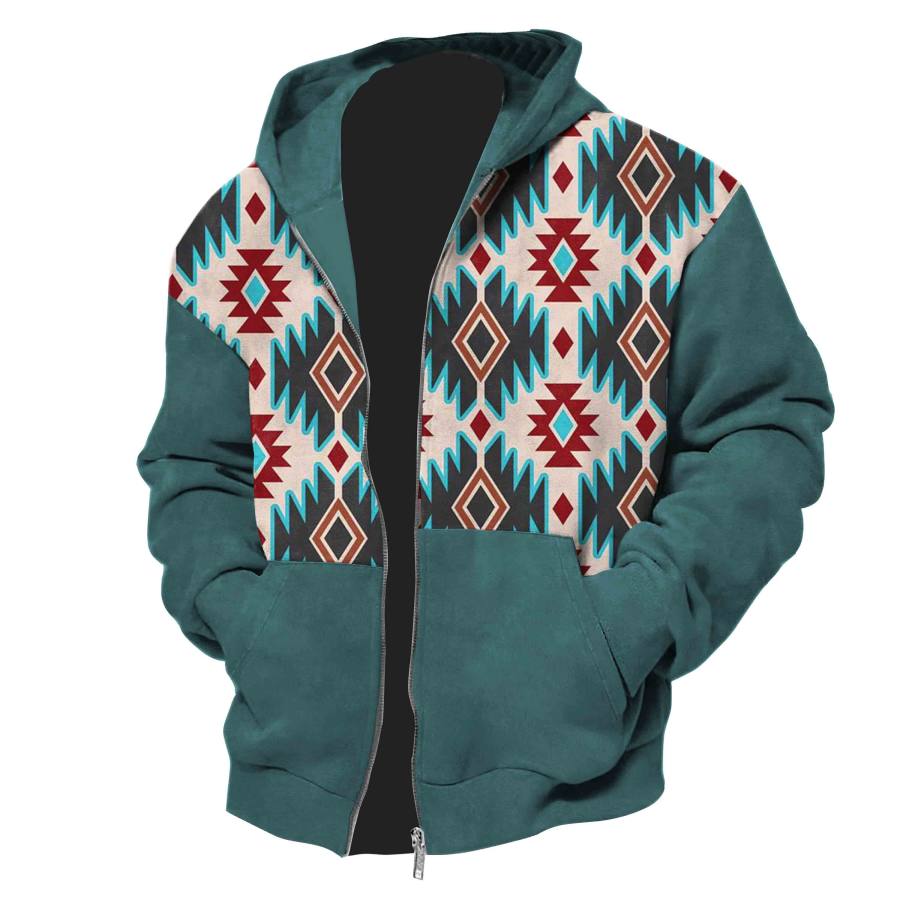 

Felpa Con Cappuccio Da Uomo Con Zip Intera Aztec Vintage Western Outdoor Casual Giacca Quotidiana