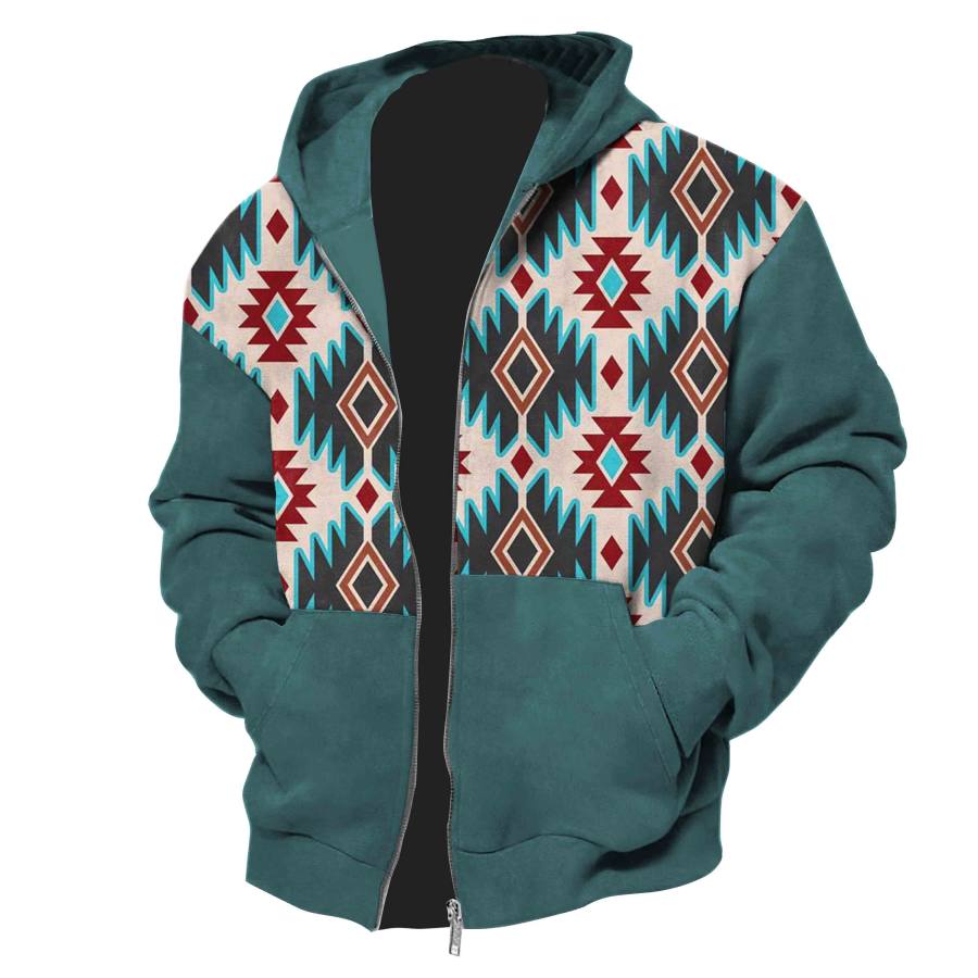 

Мужская толстовка с капюшоном на молнии во всю длину Aztec Vintage Western Outdoor Casual Повседневная куртка