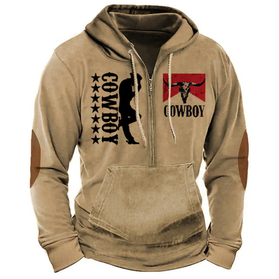 

Men's Hoodie Zipper Western Cowboy Outdoor Vintage Print Pocket Colorblock Tops