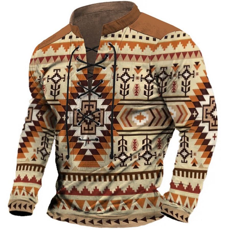 

Men's T-Shirt Aztec Lace-Up Stand Collar Vintage Colorblock Long Sleeve Outdoor Daily Tops Khaki