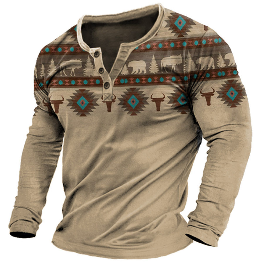 

Camiseta Masculina Henley Vintage Ocidental étnica Estampa Gráfica Manga Comprida Pulôver Confortável Para O Dia A Dia