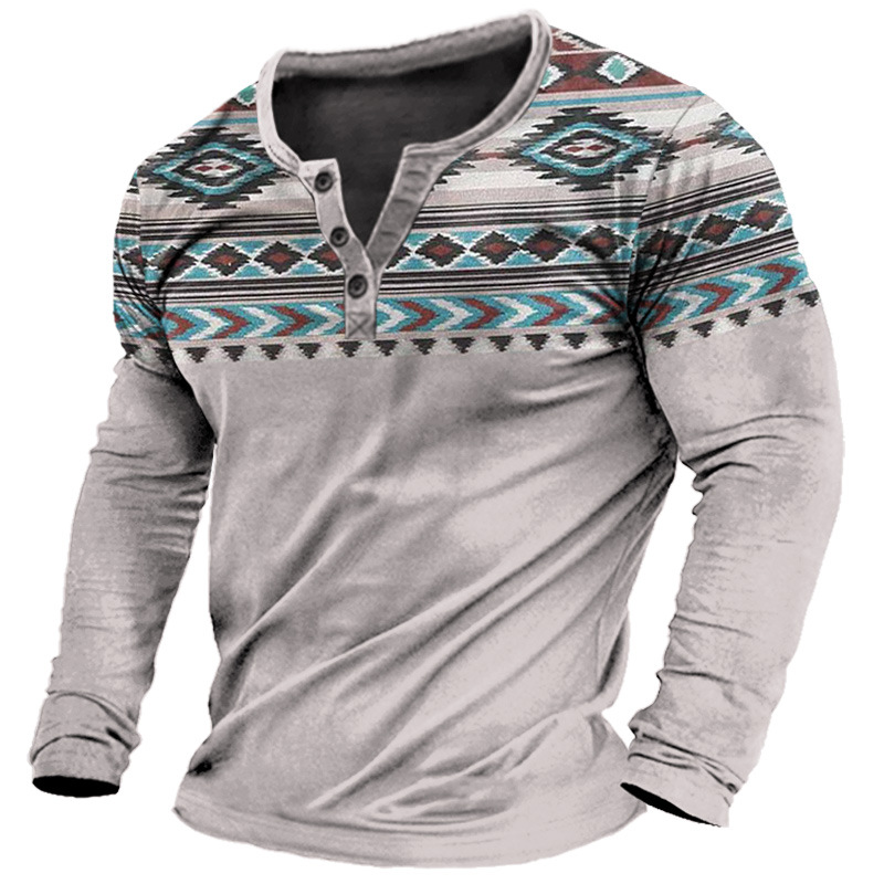 Men's Henley Tee Vintage Ethnic Graphic Print Long Sleeve Everyday Comfort