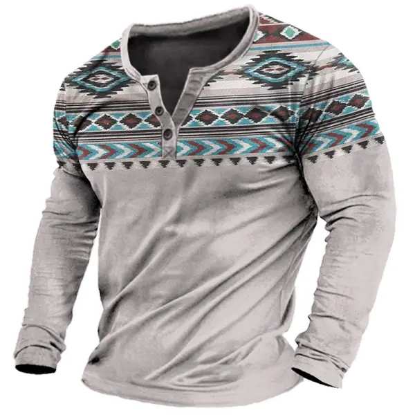 Men's Henley Tee Vintage Ethnic Graphic Print Long Sleeve Everyday Comfort - Kalesafe.com 