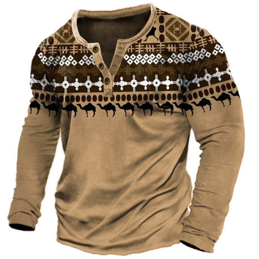 

Henley-T-Shirt Für Herren Vintage-Stil Ethno-Grafikdruck Langärmlig Bequemer Pullover Für Jeden Tag