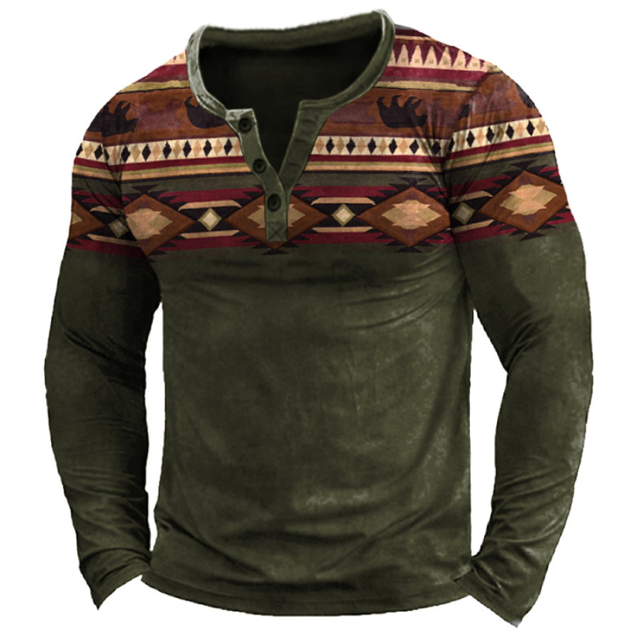 

Camiseta Henley Para Hombre Con Estampado Gráfico étnico Retro Manga Larga Comodidad Diaria Verde Militar