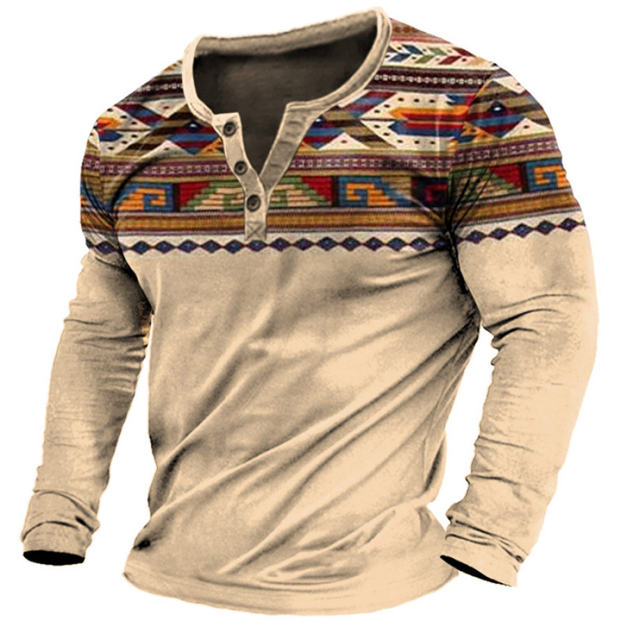 

T-shirt Henley Da Uomo Con Stampa Grafica Etnica Vintage A Maniche Lunghe Comfort Quotidiano Kaki