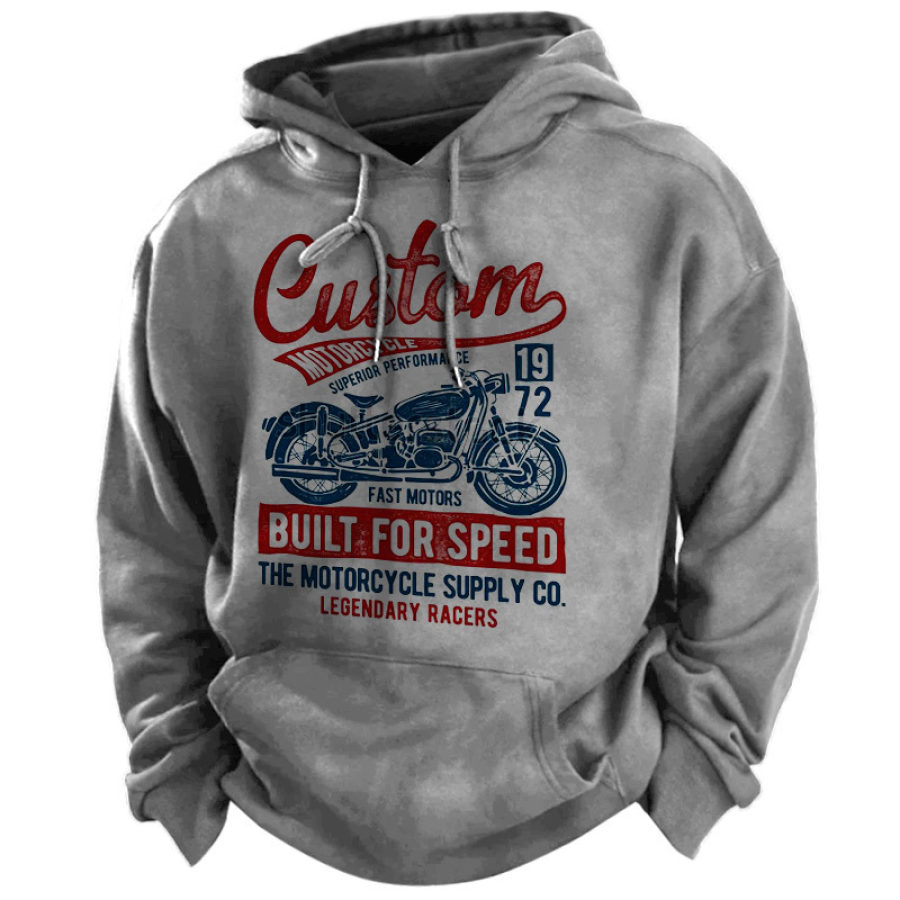 

Moletom Masculino Com Capuz Vintage E Estampa De Motocicleta Com Bolso Cinza Aconchegante