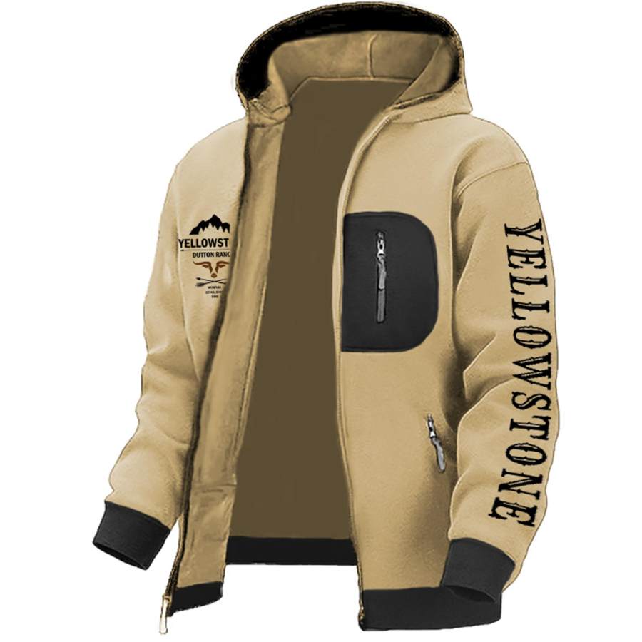 

Herren-Kapuzenjacke Mit Reißverschluss Retro-Yellowstone-Druck Farbblock Outdoor-Casual-Tagesmantel