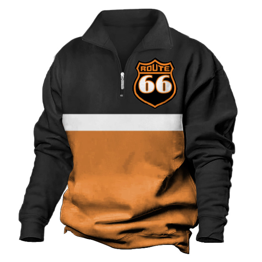 

Felpa Da Uomo Con Zip A Un Quarto Route 66 Risvolto Vintage Colorblock Top Giornalieri Arancione