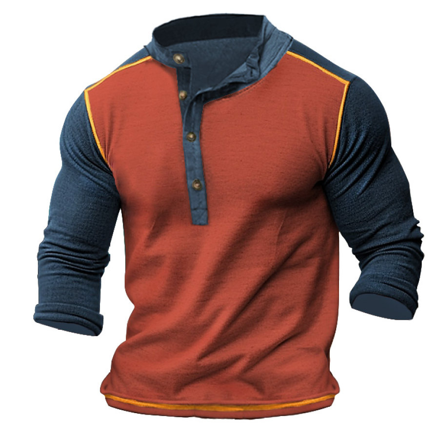 

T-Shirt Homme Henley Vintage Tactique Colorblock Manches Longues Extérieur Quotidien Hauts Bleu Marine