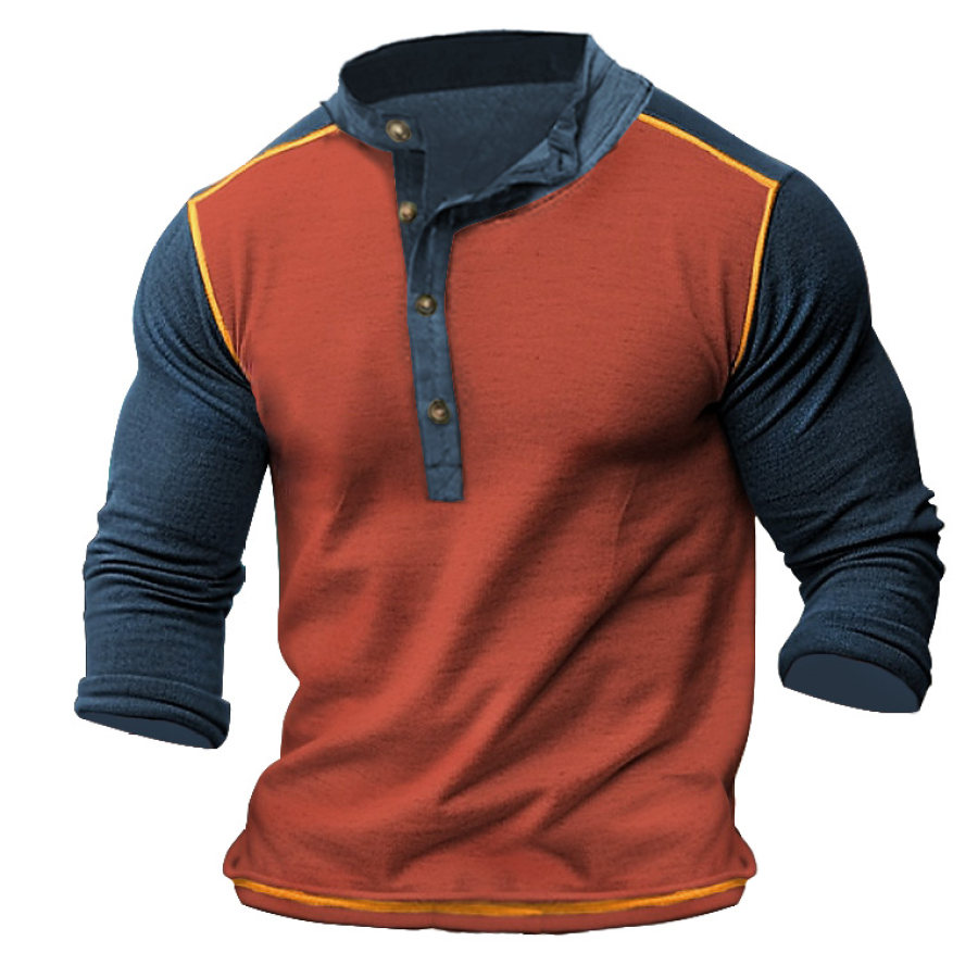 

T-shirt Da Uomo Henley Vintage Tattica Colorblock Manica Lunga Outdoor Daily Top Blu Navy