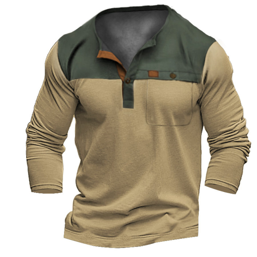 

Men's T-Shirt Henley Vintage Tactical Colorblock Long Sleeve Outdoor Pocket Daily Tops Khaki