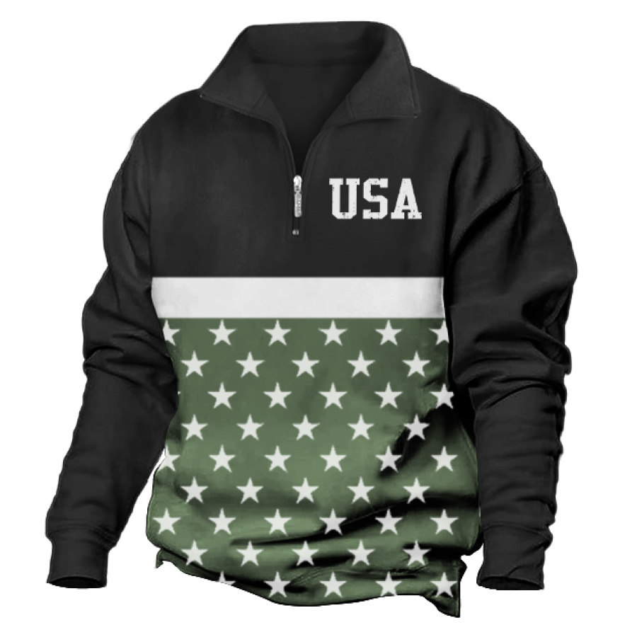 

Муж. Толстовка Молния на четверть Американский флаг США Отворот Винтаж Цветные блоки Повседневные Топы Армейский зеленый
