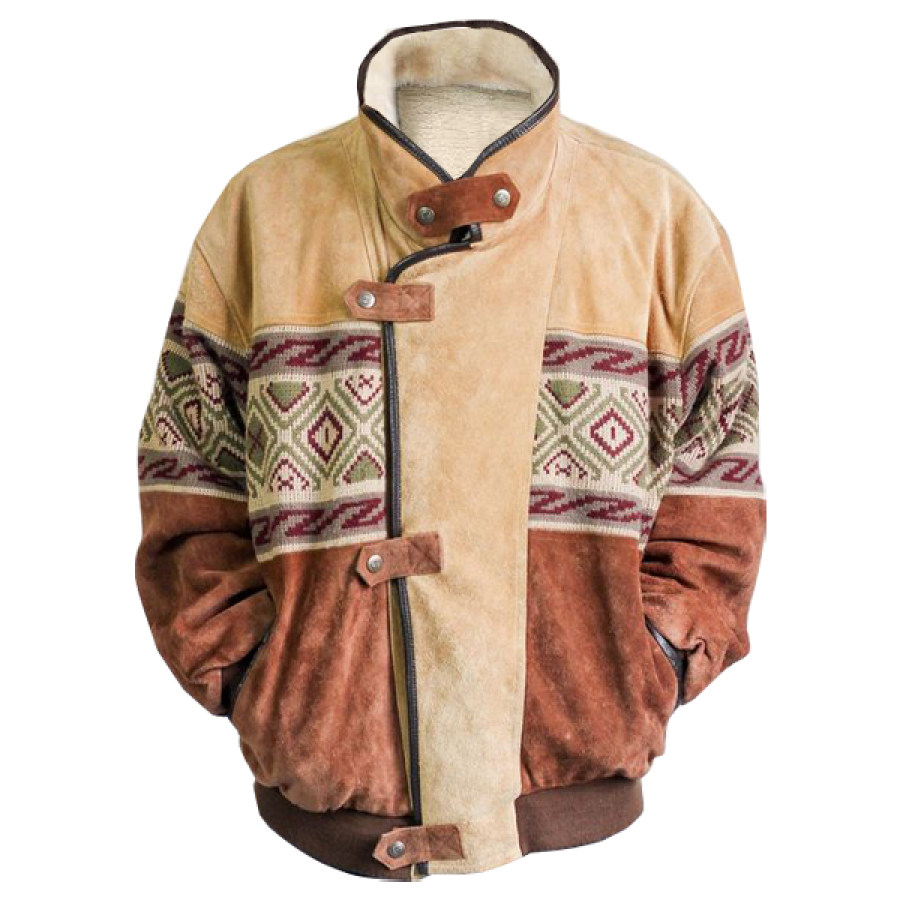 

Men Fleece Stand Collar Jacket American Retro Western Fur Collar Jacket