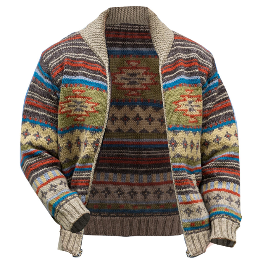 

100% Alpaca Men's Sweater Outdoor Shawl Collar Ethnic Patterns Warm Wool Jacket