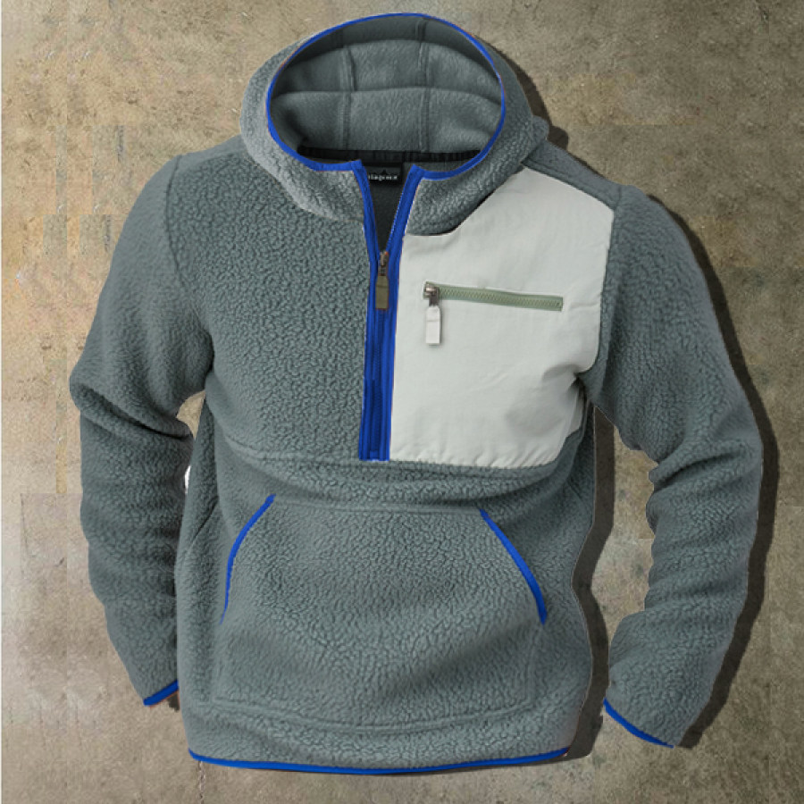 

Men's Retro Pile Fleece Half Zip Hood Pullover Zip Pocket Tactical Hooded Sweatshirt