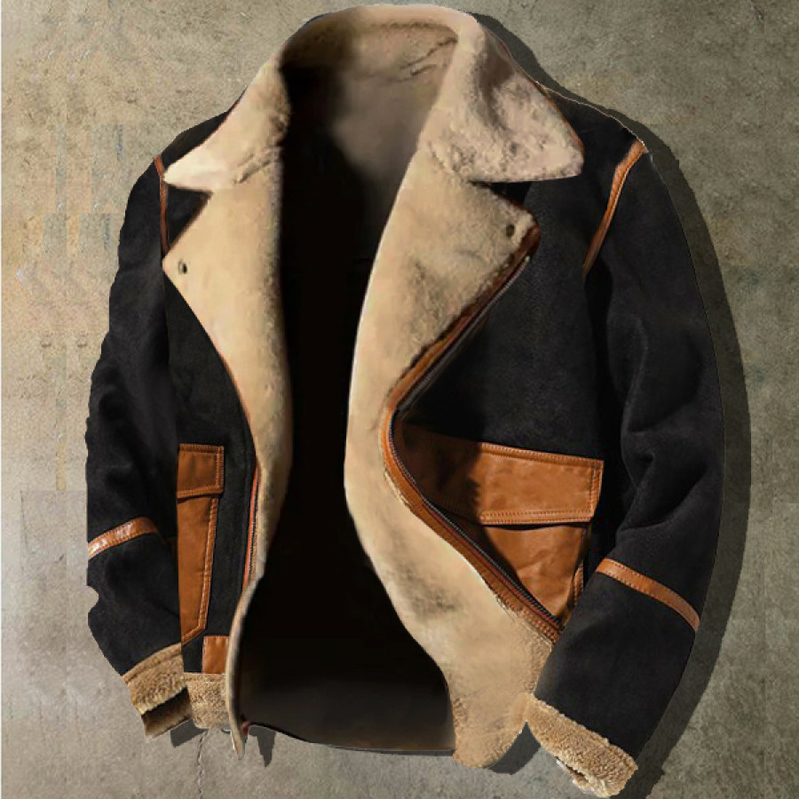 

Men's Vintage Large Lapel Suede Jacket Outdoor Zip Pocket Lamb Fleece Collar Warm Jacket