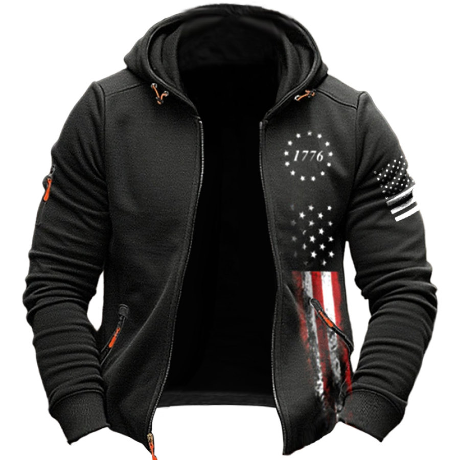 

Men's Zipper Hooded Jacket Vintage American Flag 1776 Print Zipper Pocket