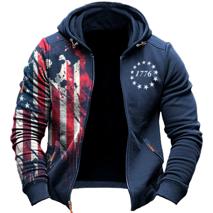 

Chaqueta Con Capucha Y Cremallera Para Hombre Bandera Americana Vintage 1776 Bolsillo Con Cremallera Y Estampado Azul