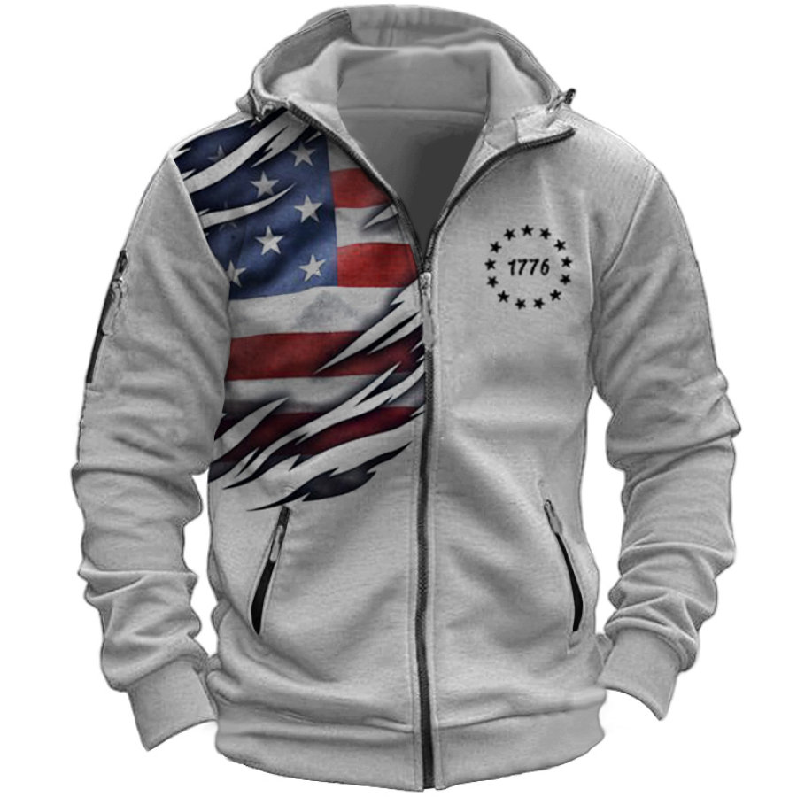 

Men's Zip Hooded Jacket Vintage American Flag 1776 Zip Pocket
