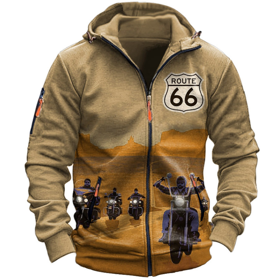 

Jaqueta Masculina Com Capuz E Zíper Vintage Motocicleta Route 66 Estampa Bolso Com Zíper Cáqui