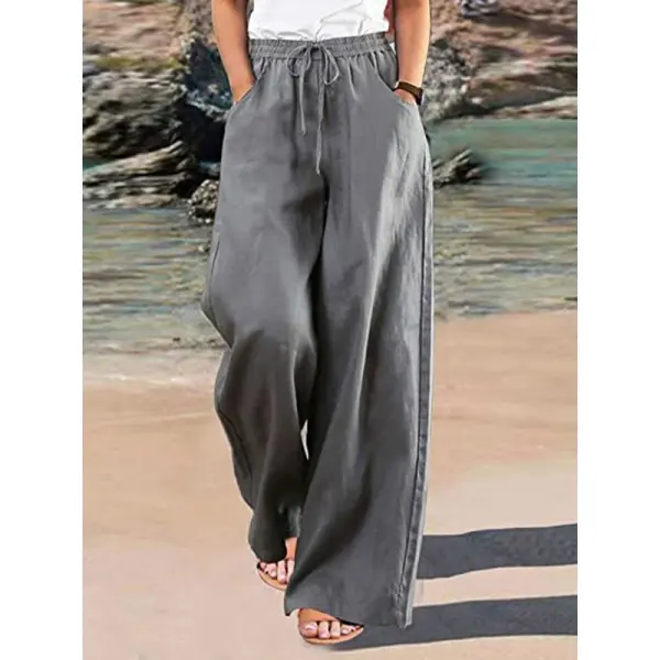 Women's Solid Color Casual Loose Cotton Linen Elastic Drawstring Waist Trousers Wide Leg Pants - Honeylop.chimpone.com 