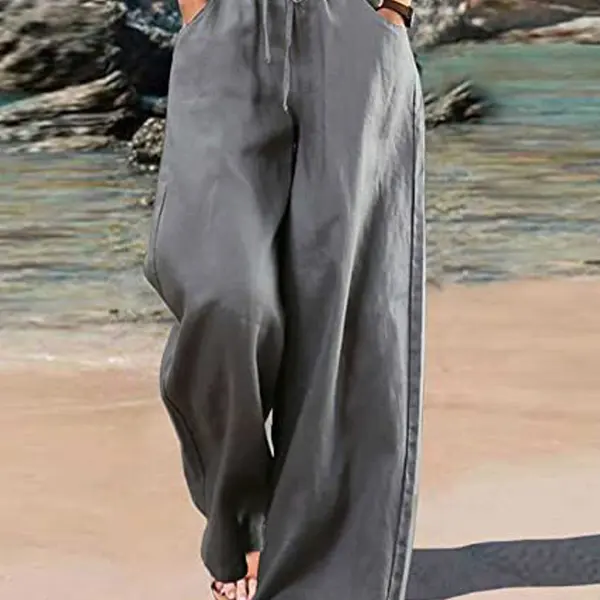 Women's Solid Color Casual Loose Cotton Linen Elastic Drawstring Waist Trousers Wide Leg Pants - Kalesafe.com 