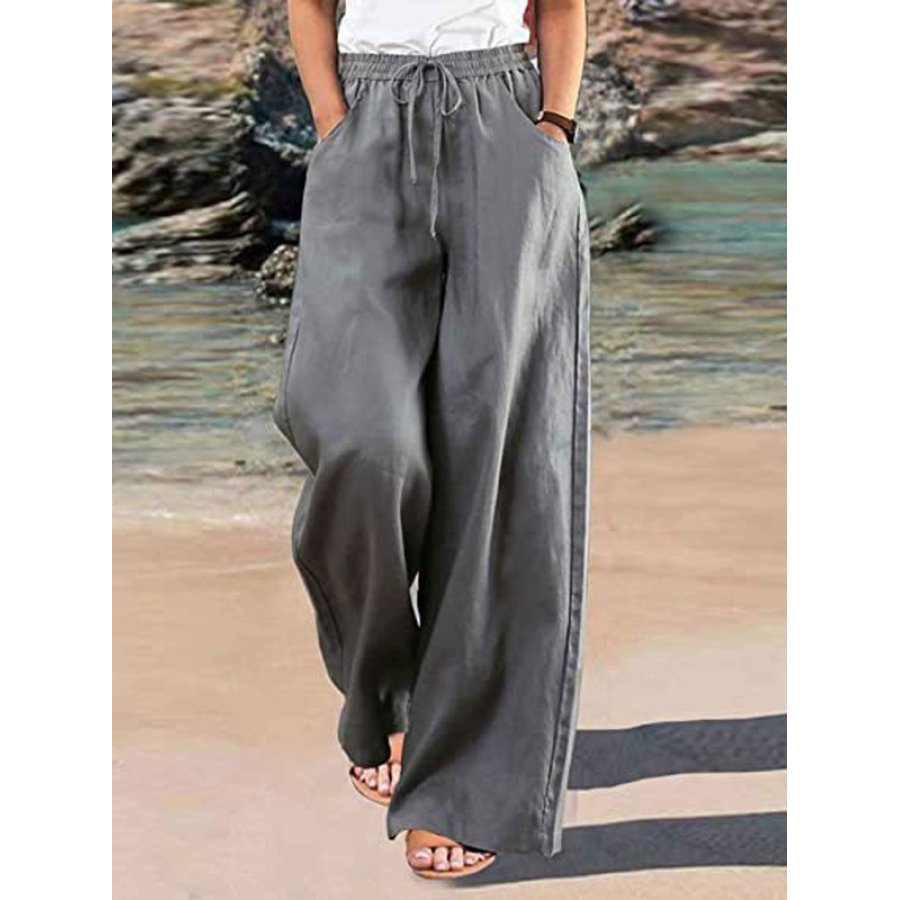 

Pantalones De Pierna Ancha Para Mujer Color Sólido Informales Sueltos De Algodón Y Lino Elásticos Con Cordón En La Cintura